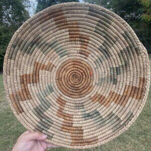 Hand Woven Grass Coil Basket Bowl Two Tone 15 inch Brown Green Orange